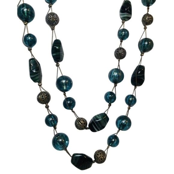 Liz Claiborne Women’s Green Glass Beaded Silver Tone Long Vintage Necklace 60’ - Picture 1 of 6